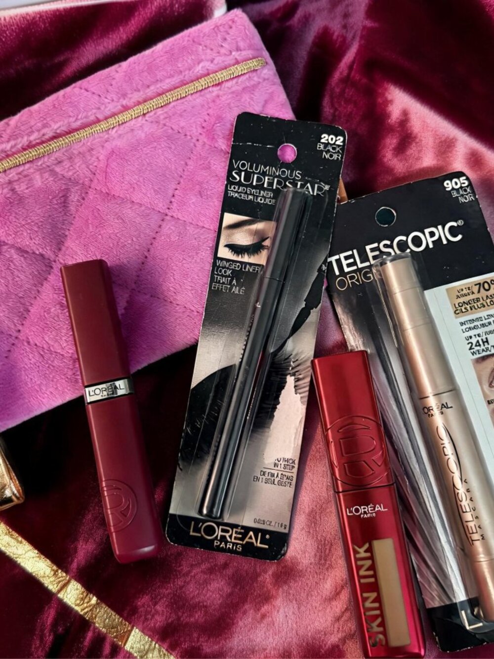 NEW L'Oreal Makeup Bundle 4pc Set + Quilted Plush Pouch Firm Price